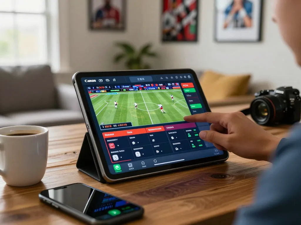 Engaging user placing live bets on ku88q sportsbook app from a cozy home setting