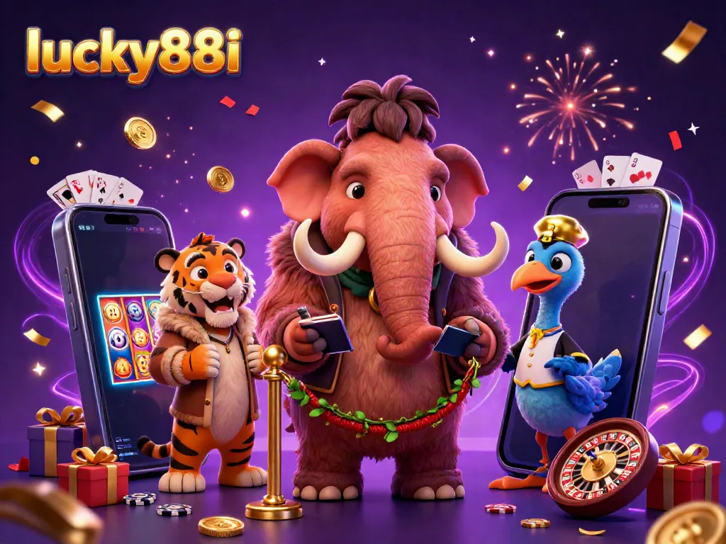Lucky88i's vibrant casino scene showcases a woolly mammoth bouncer, a saber-tooth tiger VIP, and bright gaming elements.