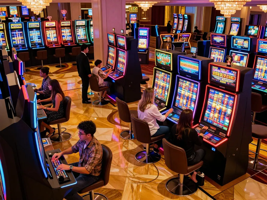 Players enjoying vibrant slot machines at red88de casino, showcasing engaging gameplay and lively atmosphere