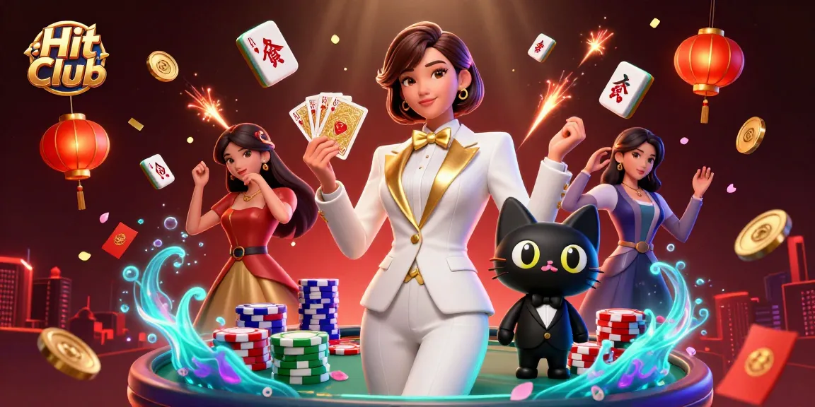 Engage with Hit Club's thrilling excitement, featuring a glamorous dealer and a playful cat in a dynamic casino scene.
