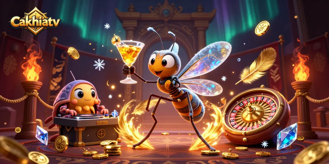 Cakhiatv showcases a vibrant casino scene with a frozen mosquito mascot, a trilobite DJ, and a roulette wheel.