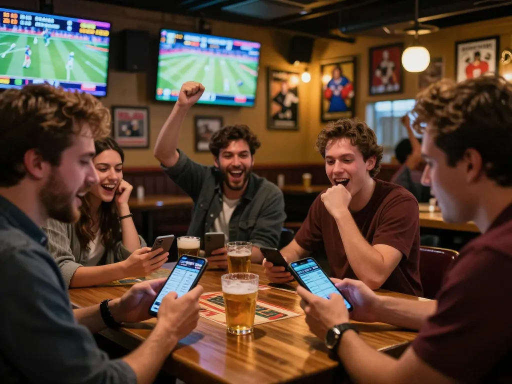 Engaged patrons actively placing bets on 28bets at a vibrant sports bar, enhancing their gaming experience.