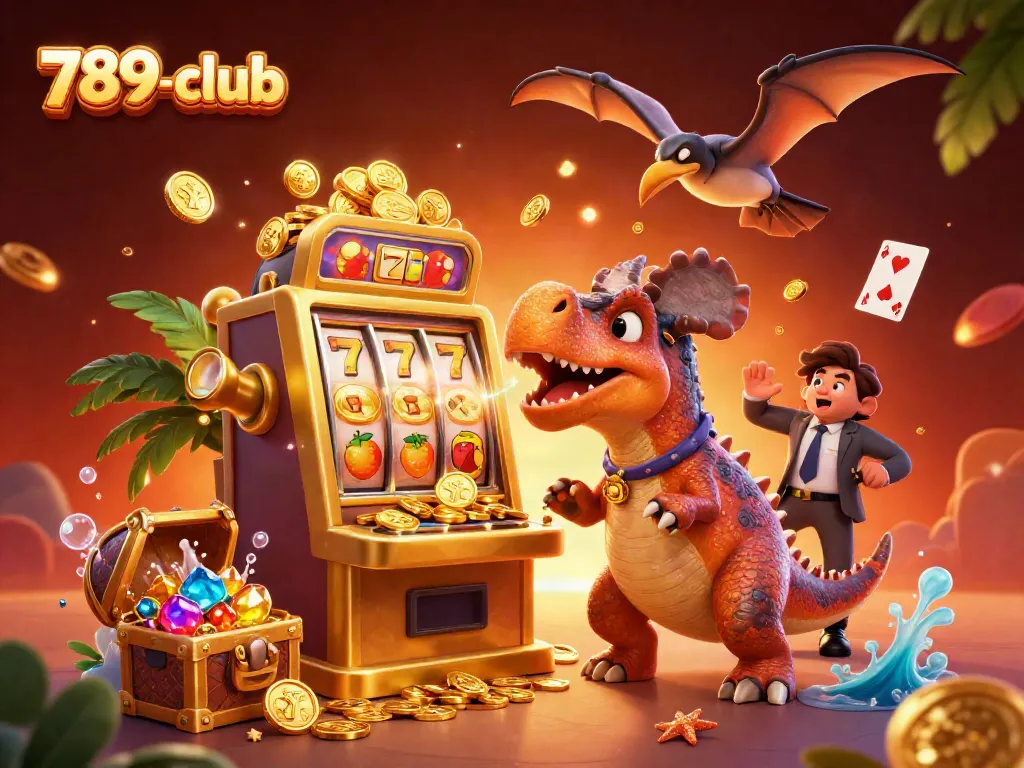 Experience the excitement at 789-club as a dinosaur wins big at the slots, illustrated.