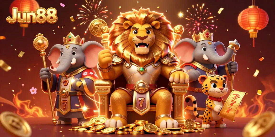 Experience the excitement at Jun88 with dynamic slot reels, vibrant characters, and festive elements.