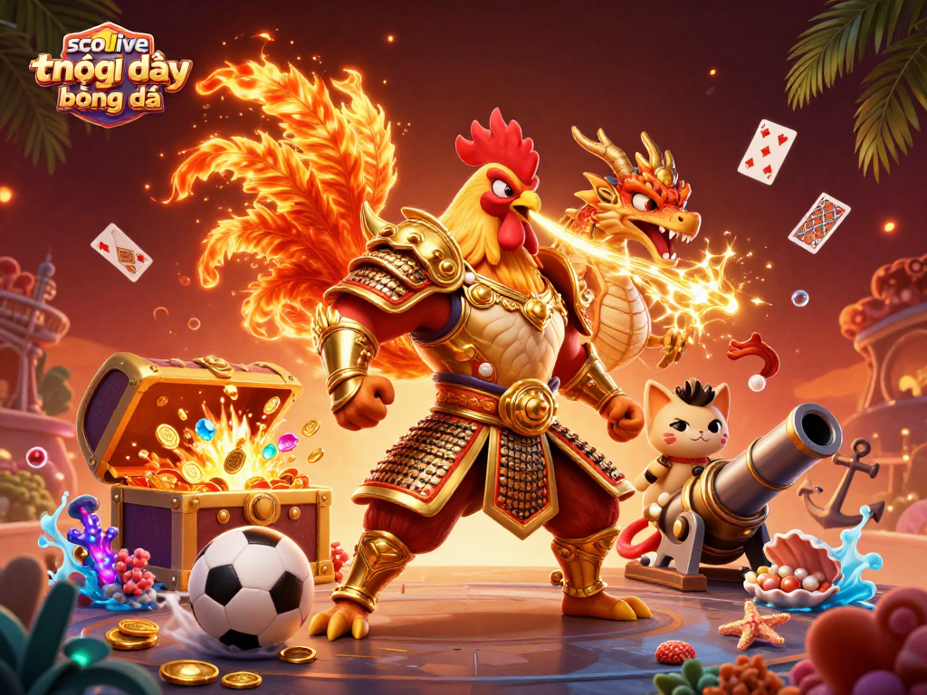Engage with socolive trực tiếp bóng đá featuring a vibrant 3D scene of a rooster warrior and dragon amidst sports betting elements.