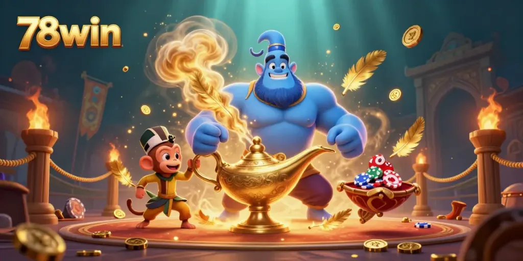 Experience thrilling wins with 78win in this vibrant casino-themed illustration.