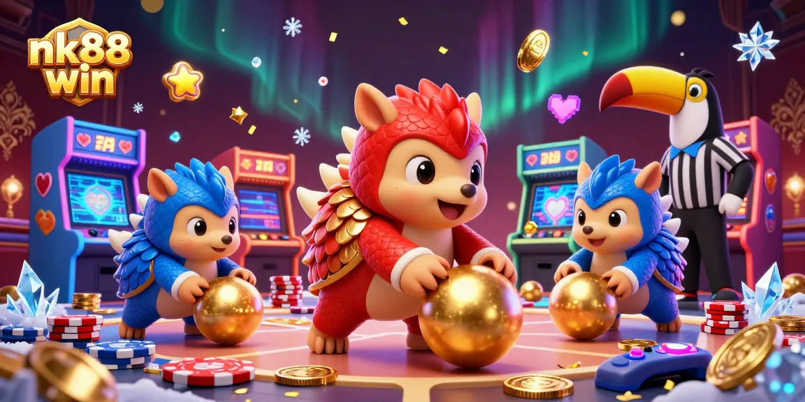 Roll into winnings with nk88 win, featuring pangolins in a vibrant casino-themed 3D scene.