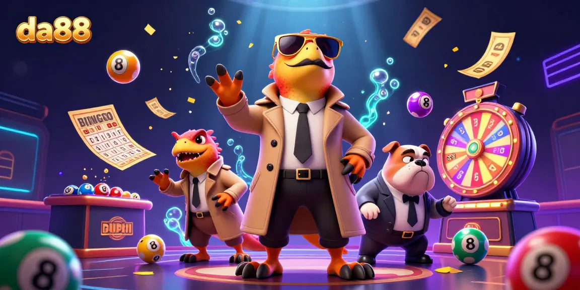 Experience da88's lively casino essence with cartoon raptors amusingly entering a VIP lounge filled with lottery excitement.