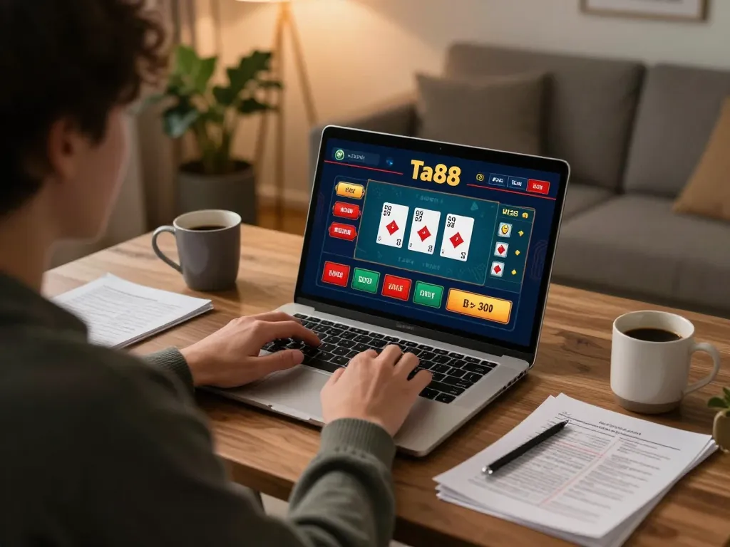 Engaging in online gambling at ta88 with a laptop and strategic notes