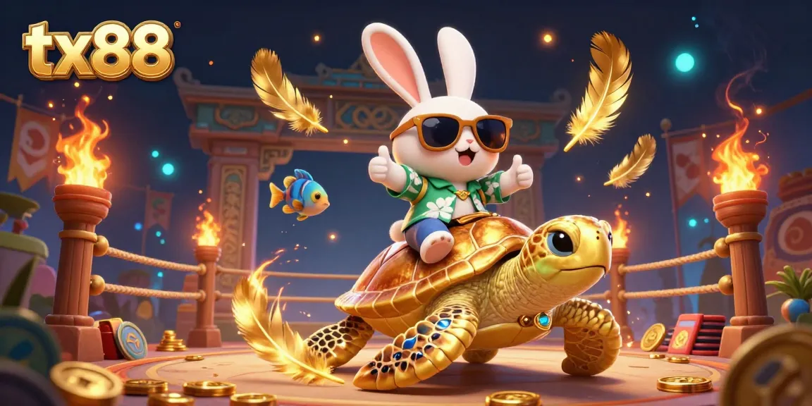 Catch the excitement of tx88 with a charming rabbit and golden sea turtle in a vibrant casino scene.