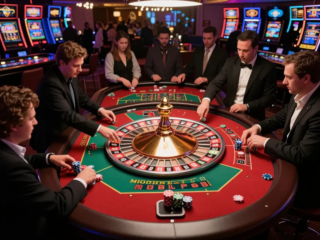 Players placing bets and watching the roulette wheel spin at VA88 casino table