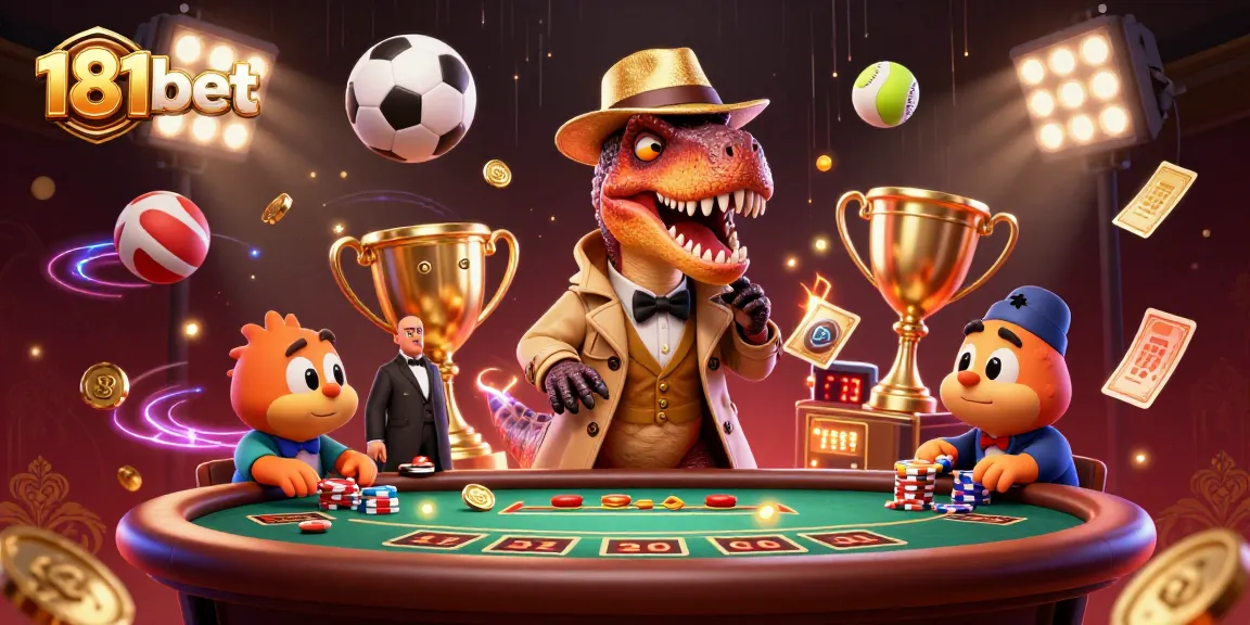 Win big with 181bet at a dynamic casino scene featuring a playful velociraptor card counter.