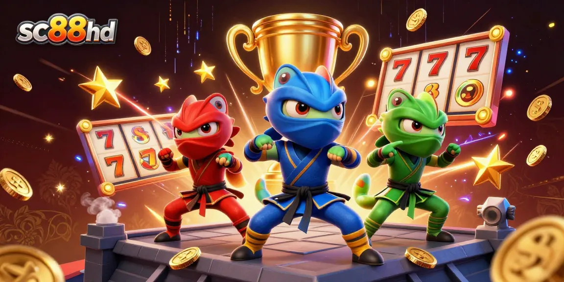 Experience sc88hd's vibrant gameplay with our ninja chameleon trio amidst slot reels and golden symbols.