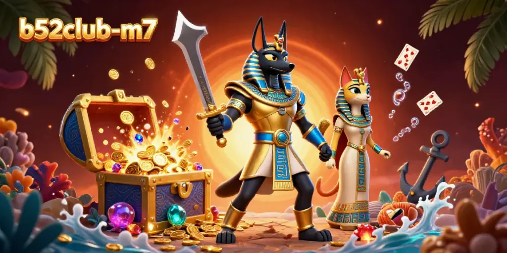 Engage with thrilling gameplay at b52club-m7 featuring Anubis and Bastet amidst treasure and vibrant casino elements