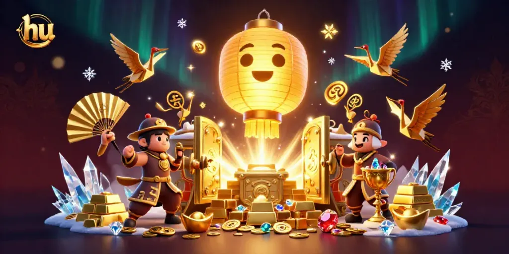 Engage with the vibrant hu casino scene showcasing the golden lantern spirit amidst treasures.