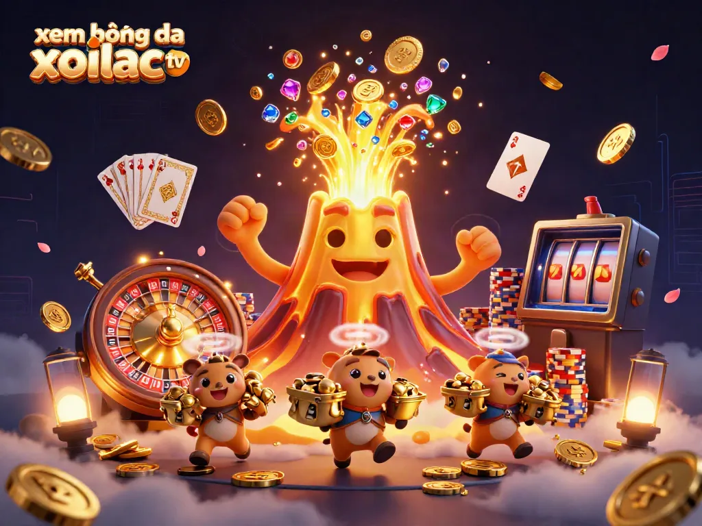 Engage with xem bóng đá xoilac tv through an exciting 3D casino illustration filled with coins and treasures.