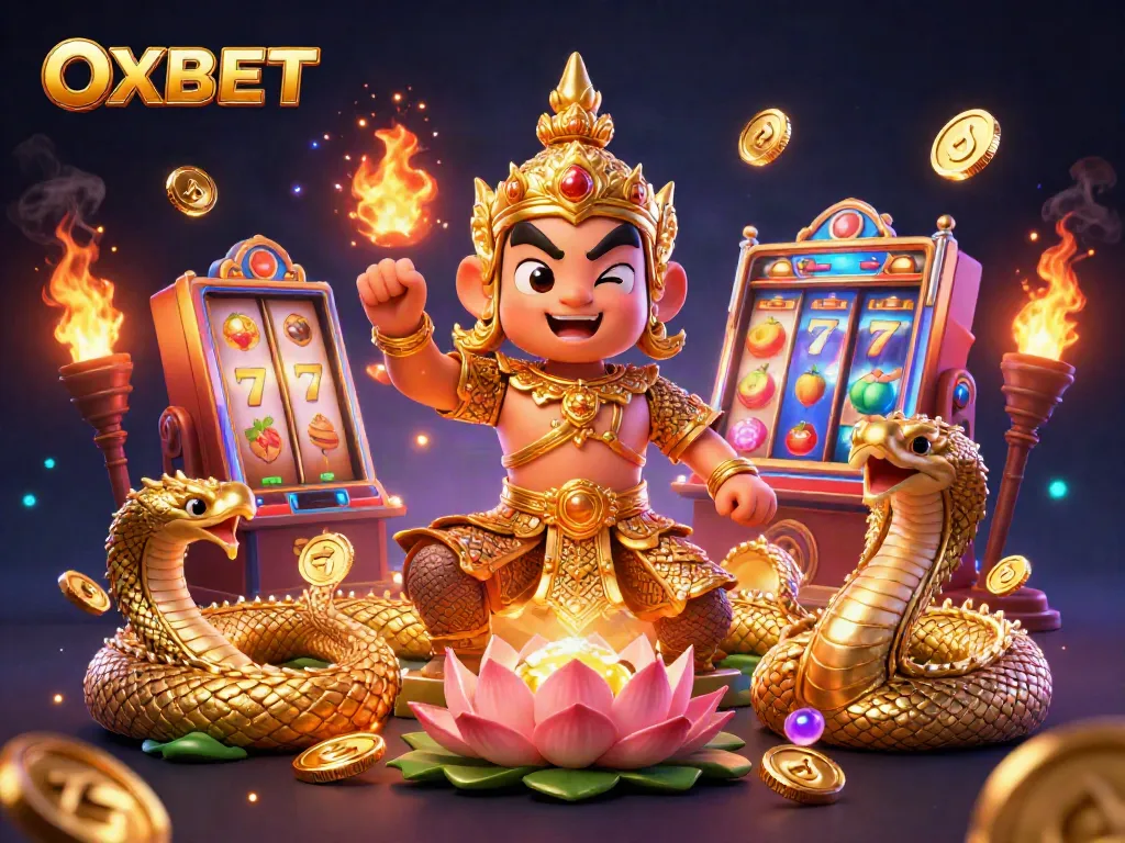 Experience OXBET's thrilling atmosphere with a guardian and vibrant slot machines.