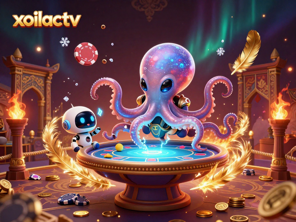 xoilactv showcases a vibrant scene with an alien octopus at a holographic poker table, surrounded by cosmic elements.