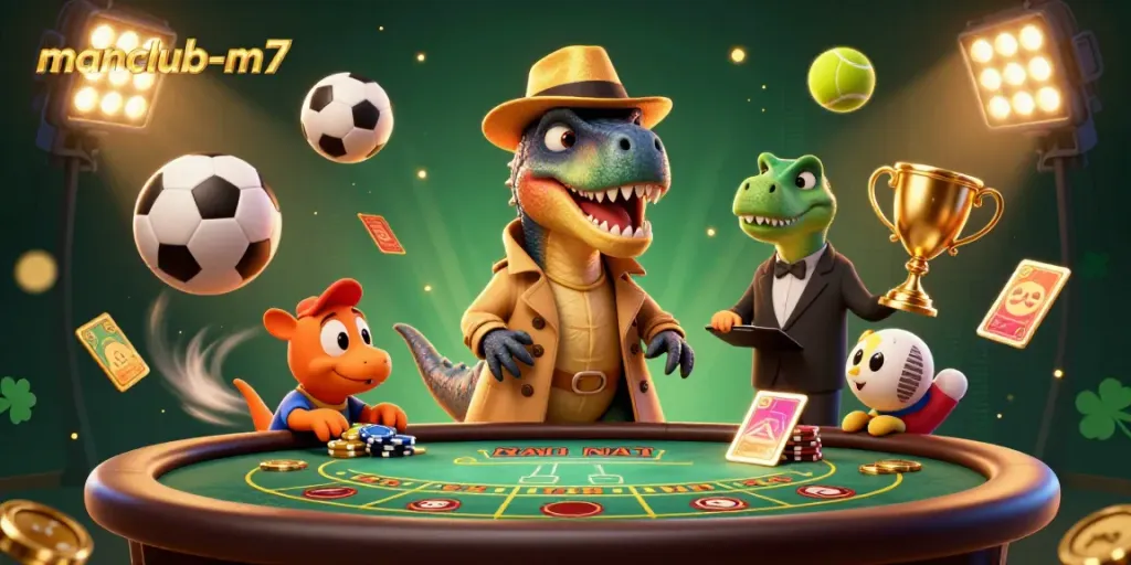 manclub-m7 showcases a thrilling blackjack scene with dinosaurs and sports elements.
