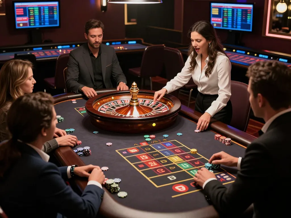 Debet players placing bets at a live dealer roulette table, emphasizing strategic gameplay in a luxurious casino
