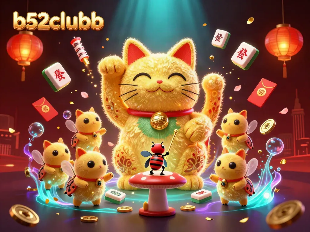 Experience the b52clubb fun with a lively illustration of a lucky cat and casino symbols.