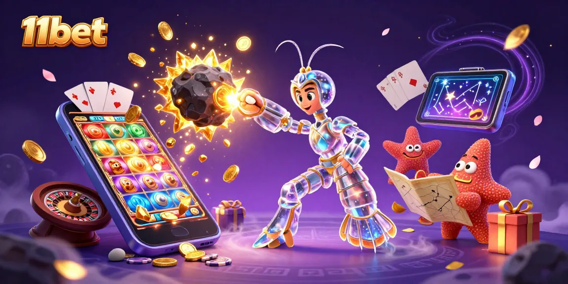 Experience thrilling casino action with 11bet's vibrant 3D gamer scene filled with treasure and excitement.