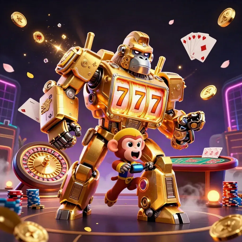 Guldfärgad gorillamek med liten apförarl, snurrande hjul, mynt och neonljus i mörk casinoatmosfär.