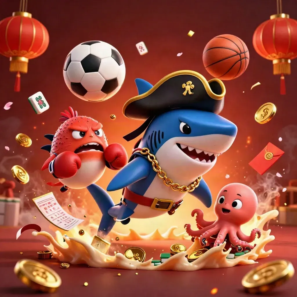 Piratshark, pufferfisk och bläckfisk i ett explosivt casino- och sportmotiv med bollar och mynt.