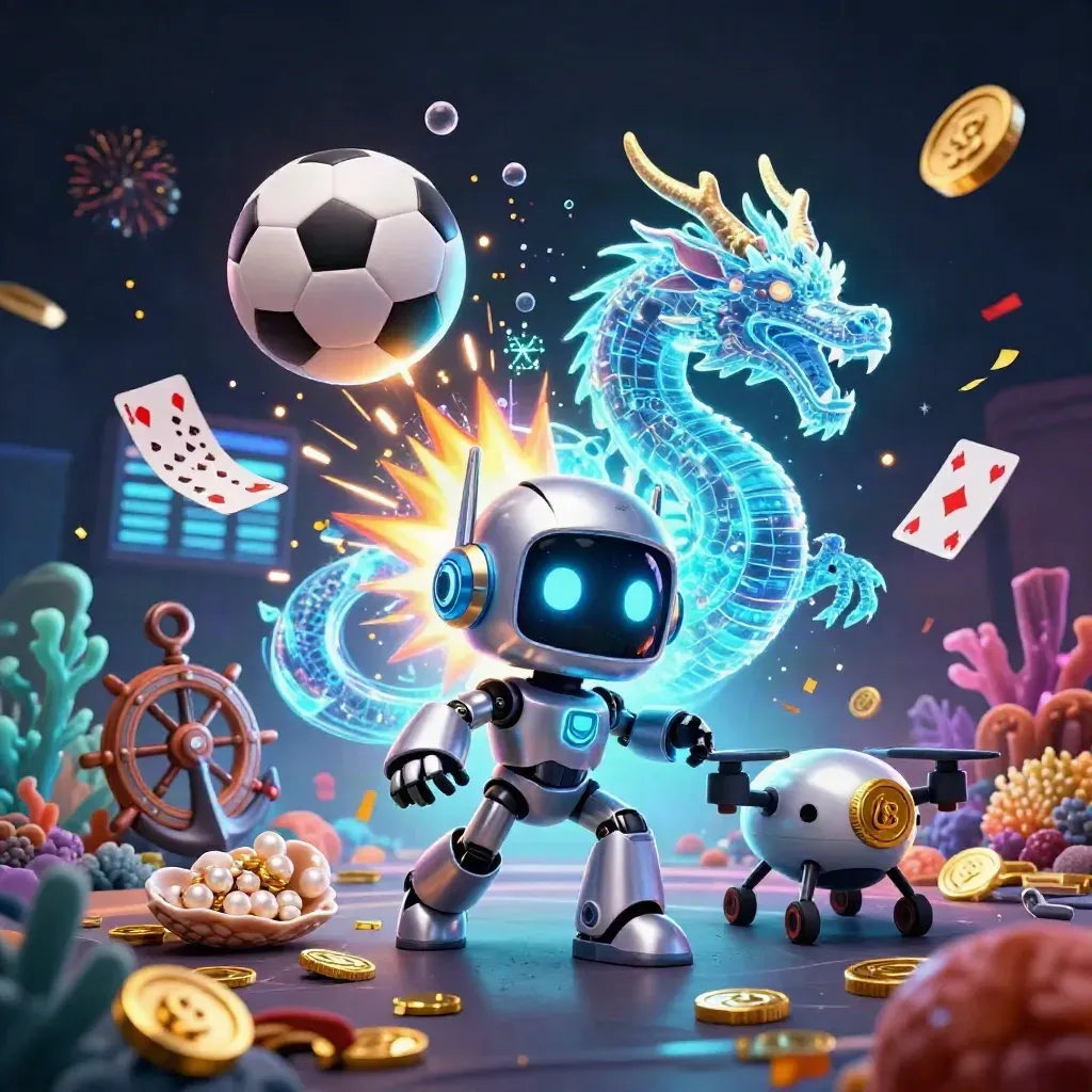 Robot, hologramdrake och drönare bland guldmynt, sportbollar och undervattensskatter i neon.