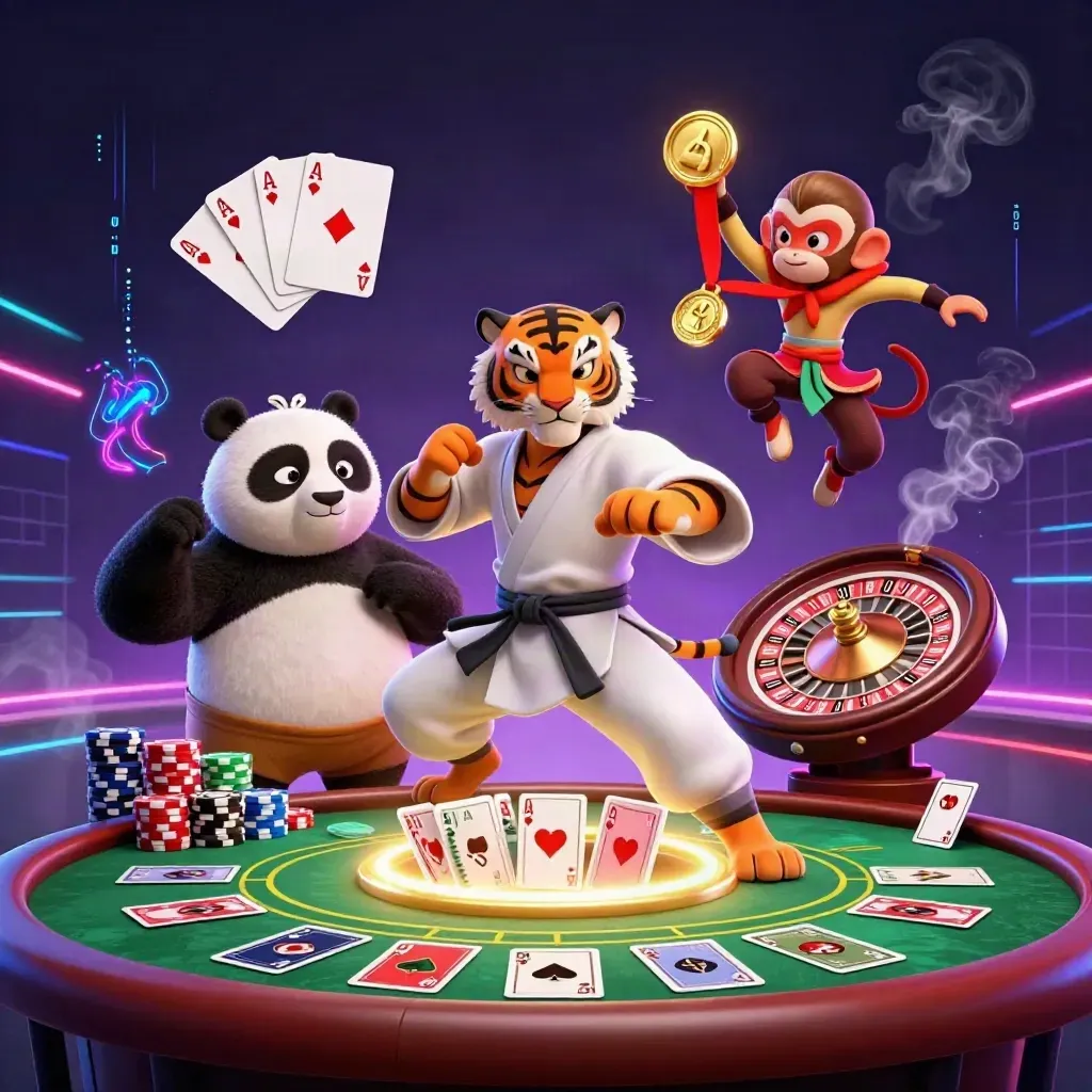 Tiger, panda och apa kring casinobord i neonfärgad lyx med glittrande ljuseffekter.