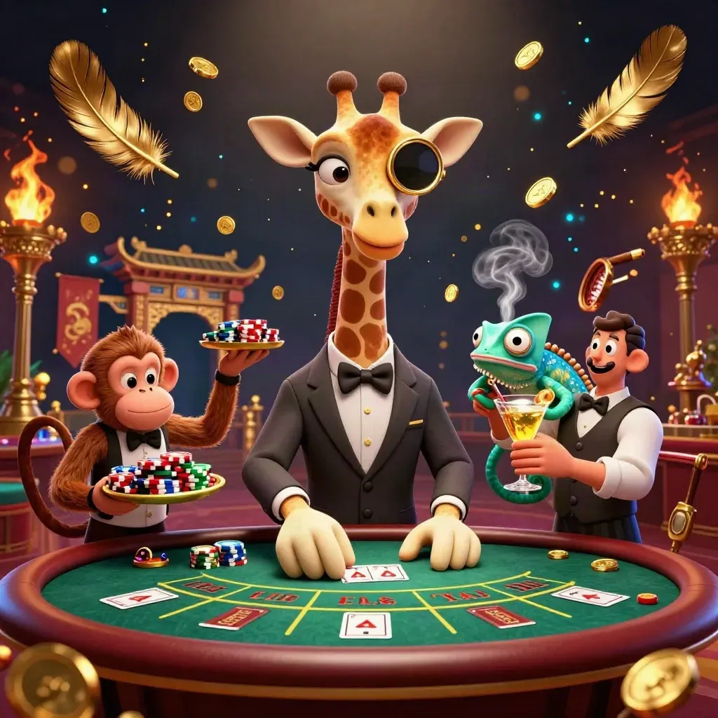 Tre casinokaraktärer i lyxig neonmiljö med giraff, apa och kameleont