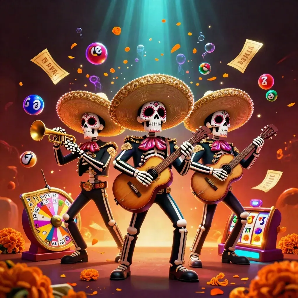 Tre skelettmariachis med gyllene sombreros, neonhjul och bubblor i mörk röd scen
