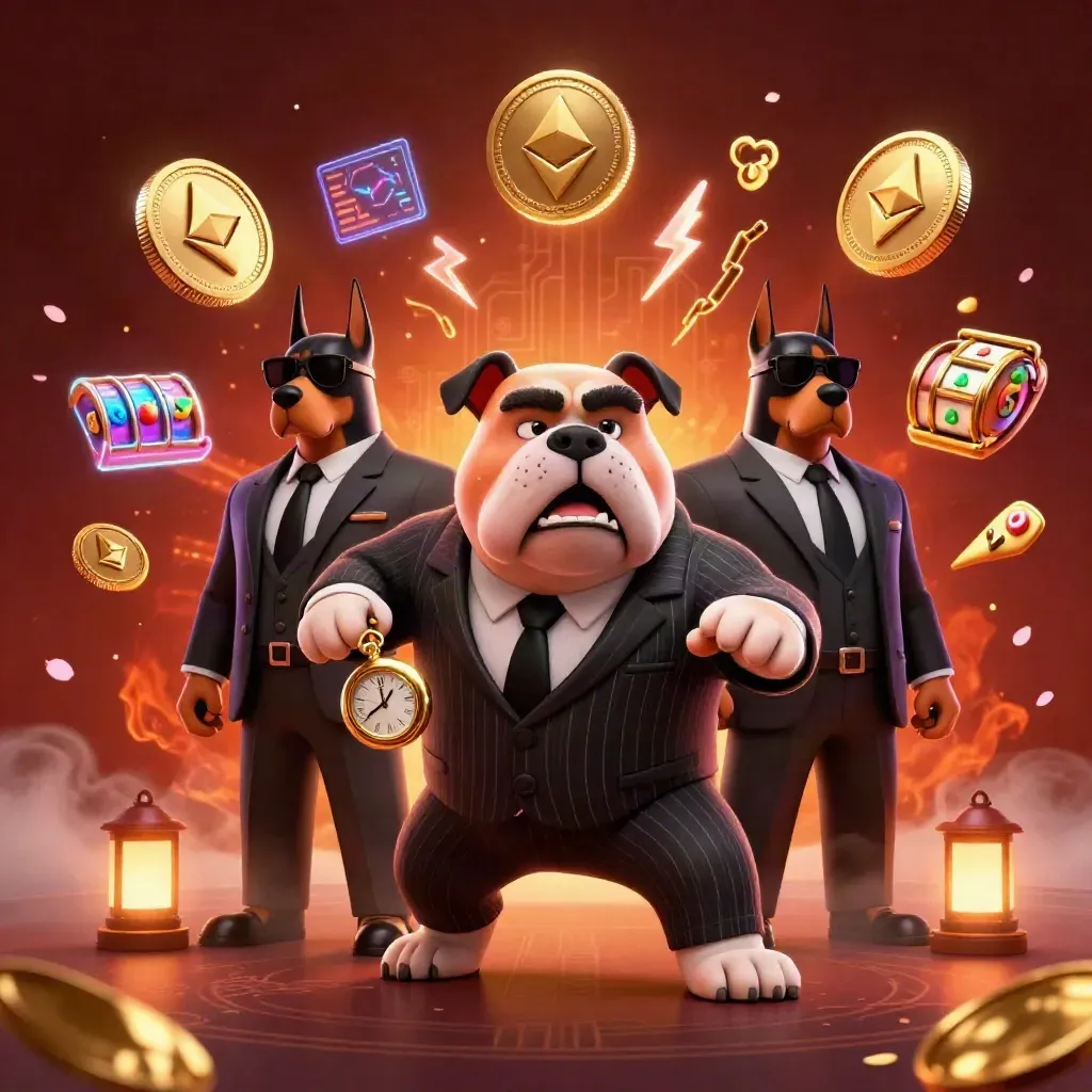 Maffig bulldogg med två dobermans, kryptomynt, slotreels och neon i mörkt casinoformat.