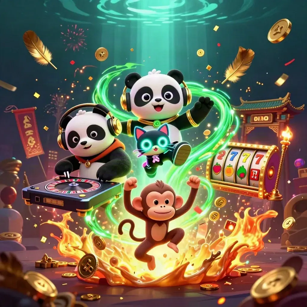 Panda-DJ, dansapa och lysande katt i neongrön casinostorm med mynt, konfetti och tempel