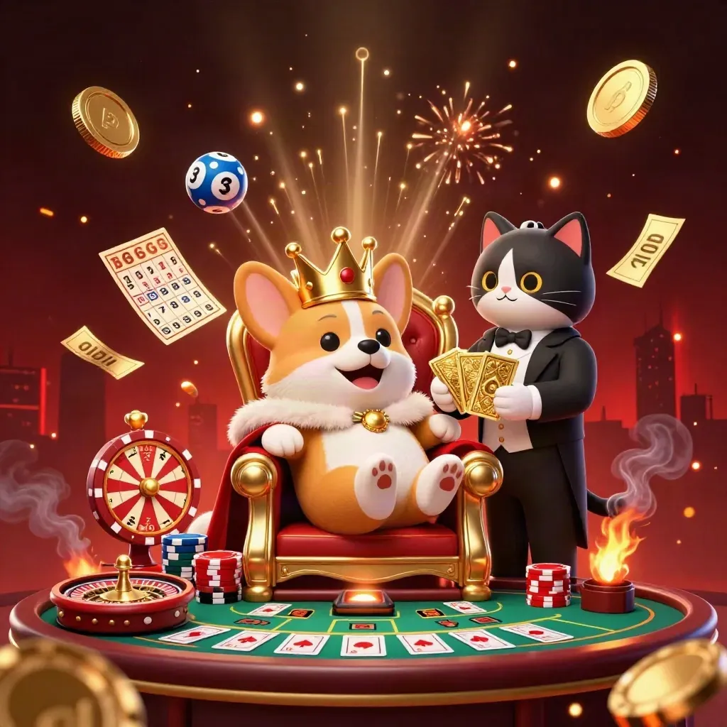 Kunglig corgi och kattbutler i gyllene casinokaskad med mynt, lyktor och eld