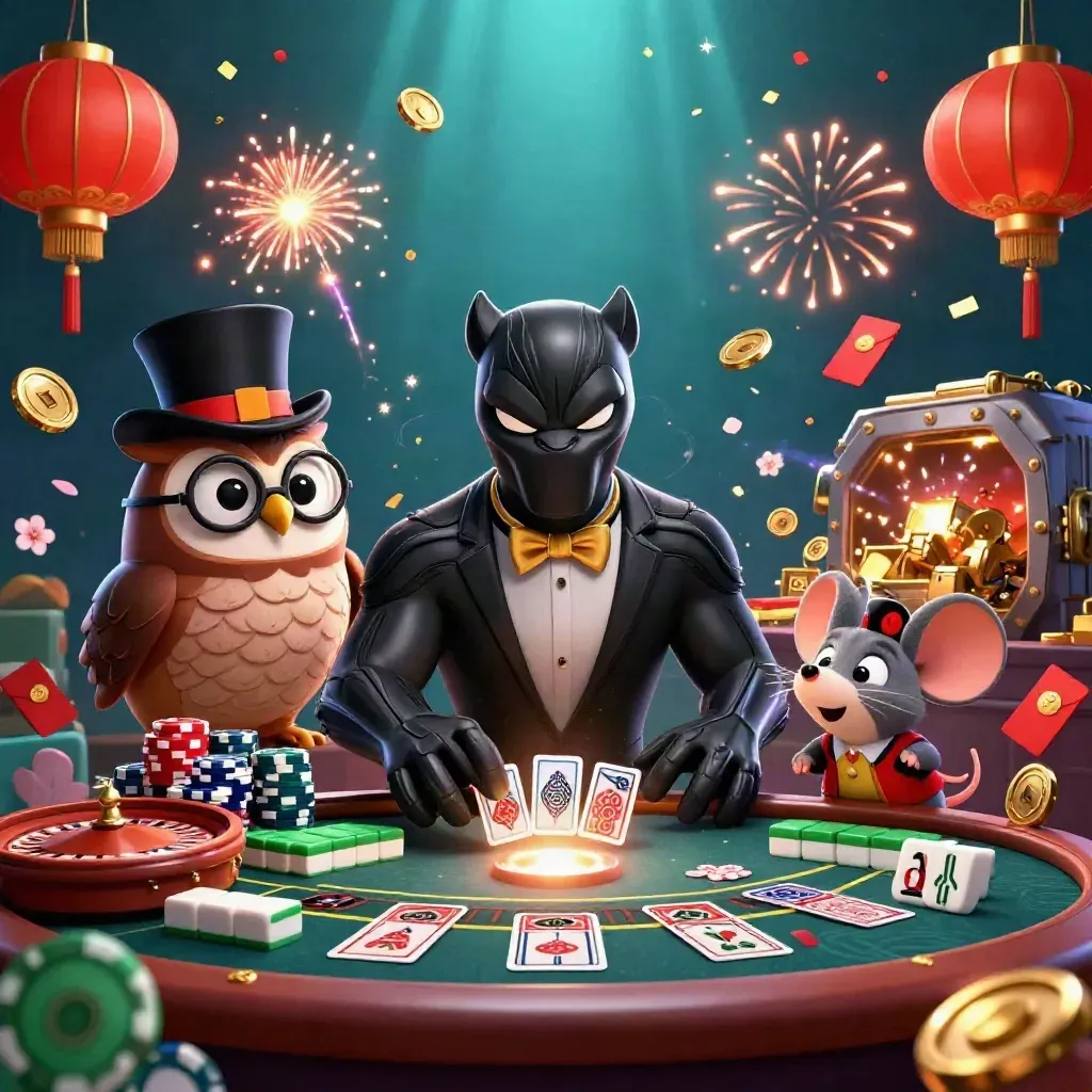 Panter, uggla och mus i casinoexplosion med mynt, fyrverkerier och mörk teal bakgrund.