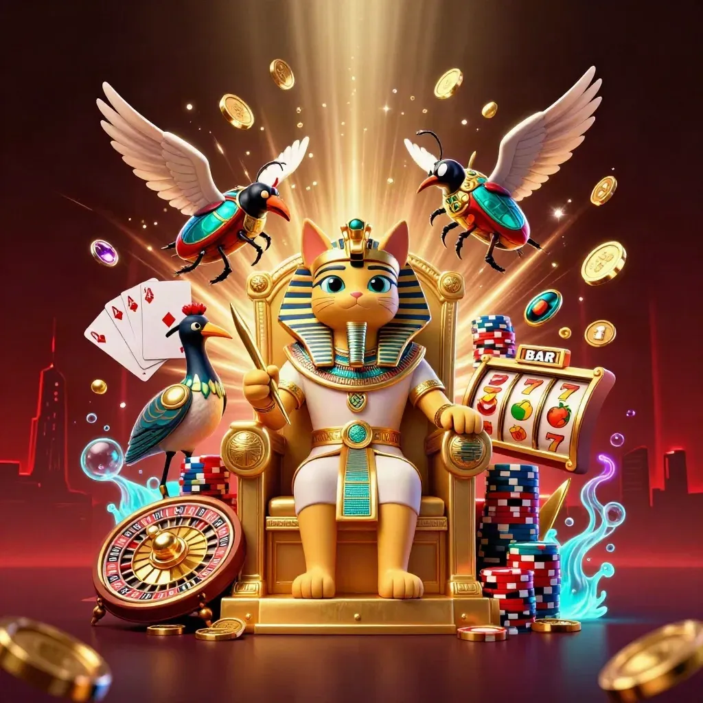 Pharaohkatt på tron, ibis och skarabéer med mynt, juveler och hjul i neonljus