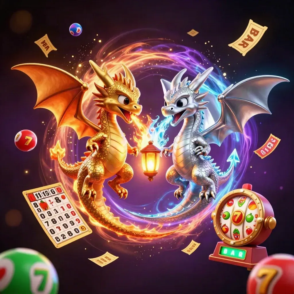 Två drakar i guld och silver virvlar kring en liten lanternande ande med casinodetaljer.