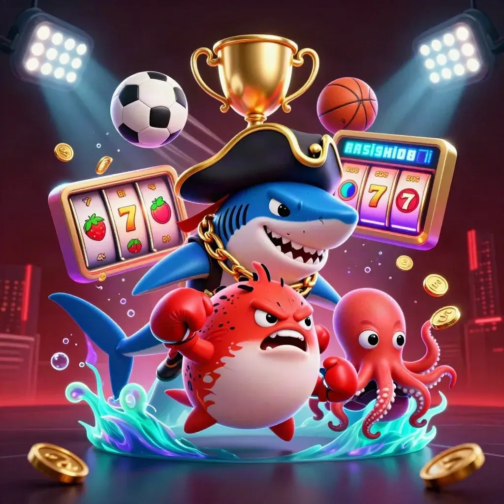Piratshark, boxande fisk och jonglerande bläckfisk i neoncasinostil.