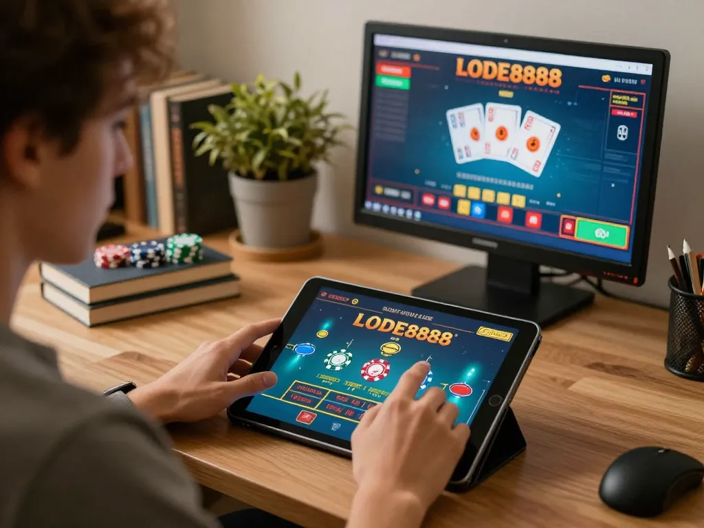 Engaging in LODE888 online gaming on a tablet while preparing to place a bet.
