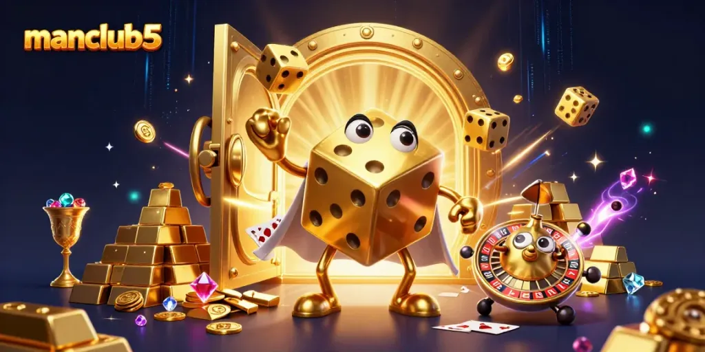 Experience manclub5's vibrant casino magic with golden dice and treasure...