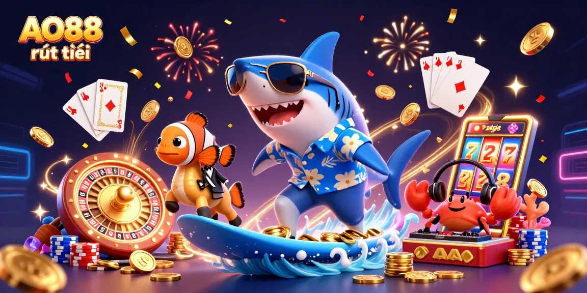 Experience the thrill of winning with AO88 rút tiền as a shark surfs on gold coins amidst casino excitement.