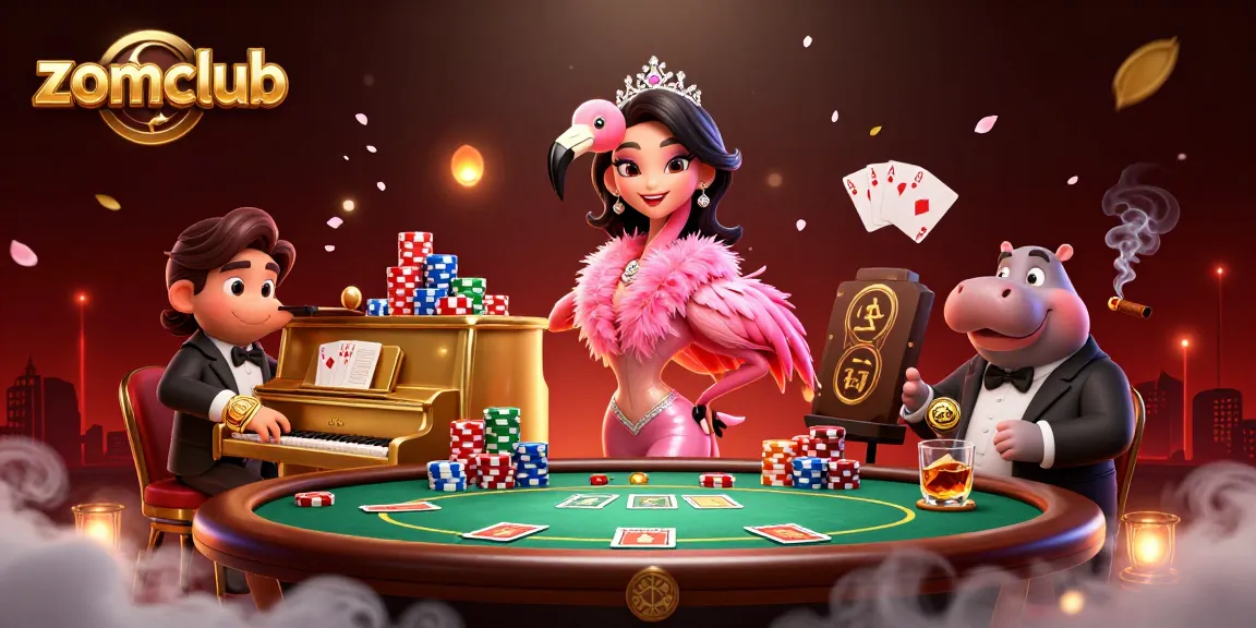 Zomclub players enjoy an exciting poker scene with vibrant casino elements and lively characters.
