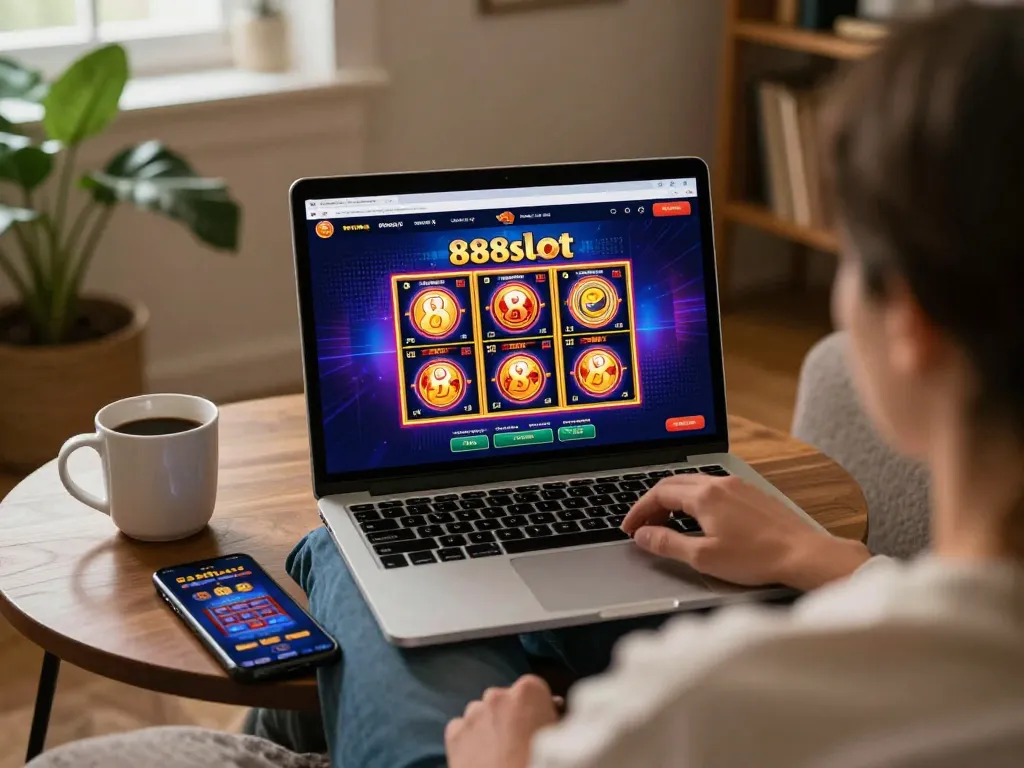 A player engaging with the 888slot game on a laptop, showcasing an inviting online casino environment.