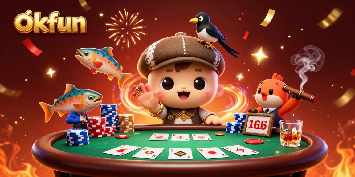 Engage with the thrilling world of okfun, featuring a vibrant casino scene with playful characters and dynamic poker elements.