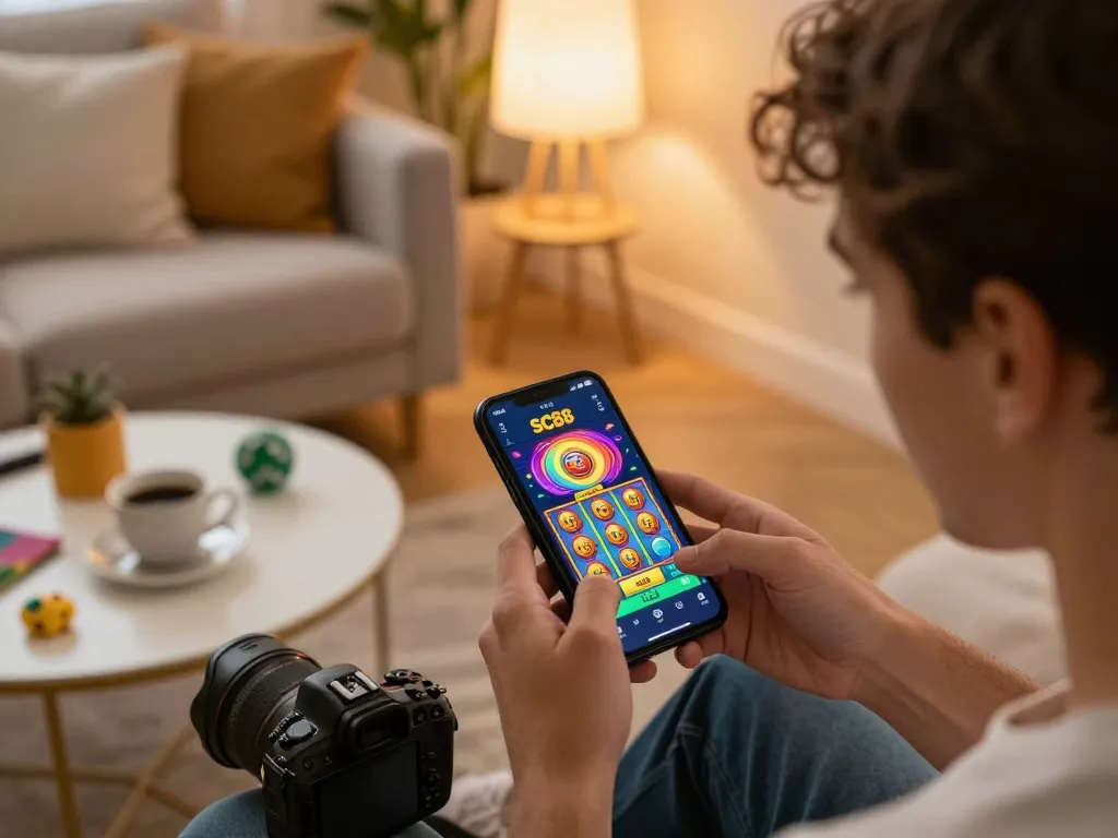Player enjoying SC88 mobile gaming with vibrant slot reels in a cozy living room.