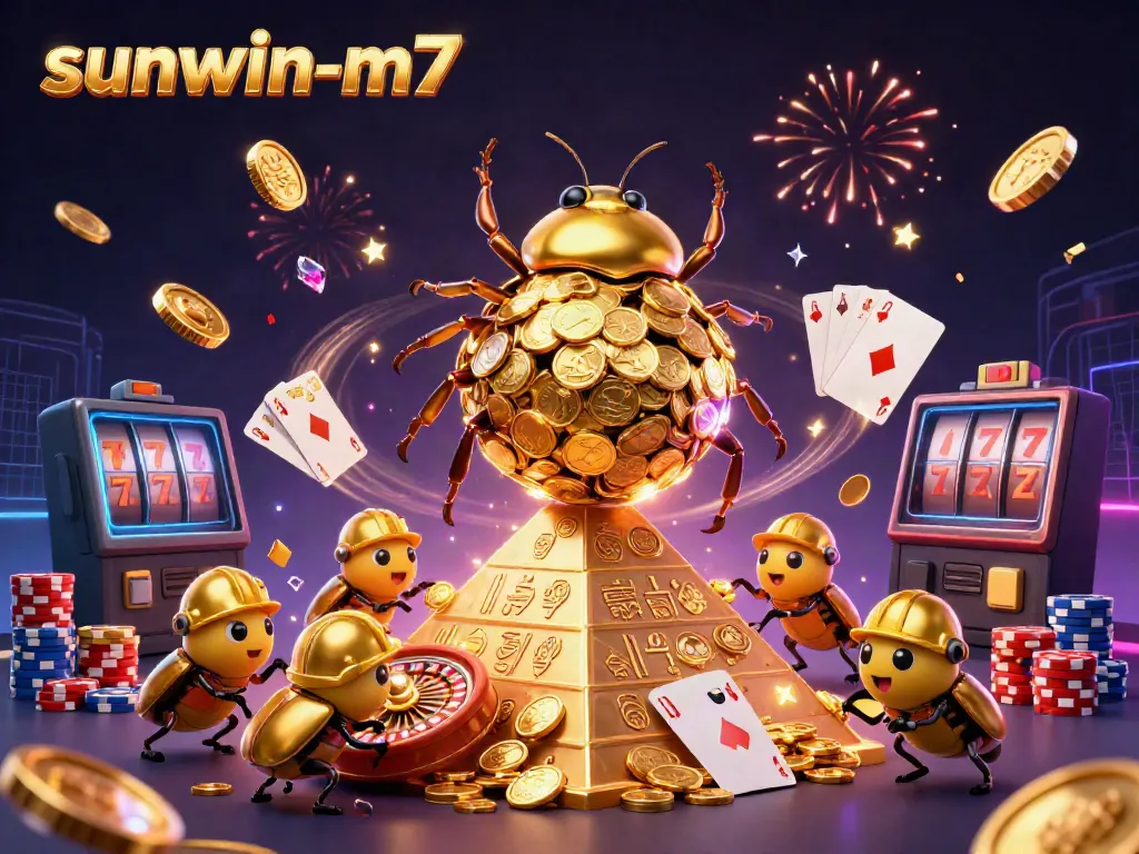 Engage with sunwin-m7's vibrant casino scene featuring gold coins, roulette, and festive energy.