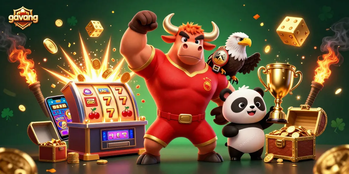 Engage with the excitement of gavang slots through a dynamic victory pose scene featuring powerful characters and rich casino elements.