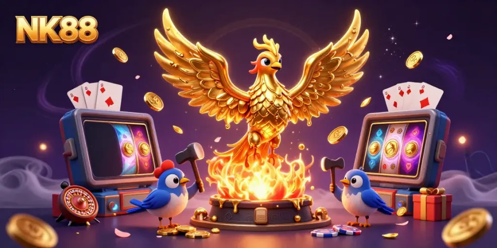 Experience exhilarating gaming with NK88's vibrant, molten phoenix amid lavish casino elements.
