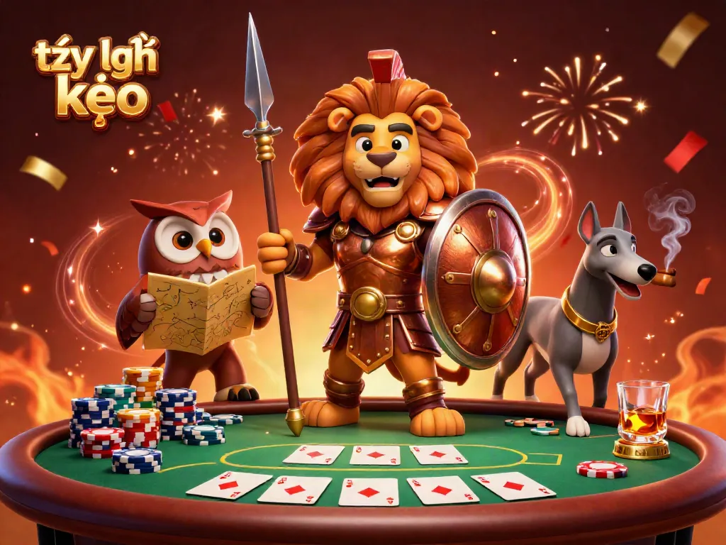 Engaging depiction of tỷ lệ kèo with a Spartan lion, owl strategist, and greyhound surrounded by dynamic poker elements.